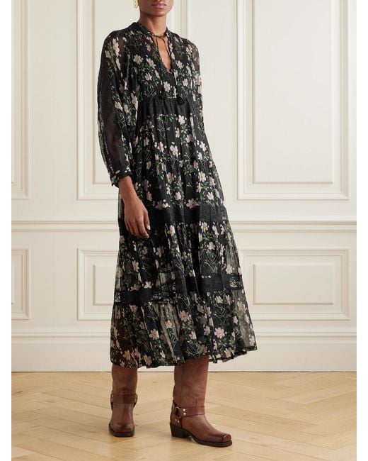 Sea Black Elizabeth Tiered Lace-Trimmed Floral-Print Crepon Midi Dress