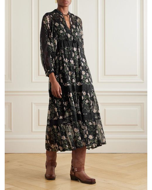 Sea Black Elizabeth Tiered Lace-Trimmed Floral-Print Crepon Midi Dress