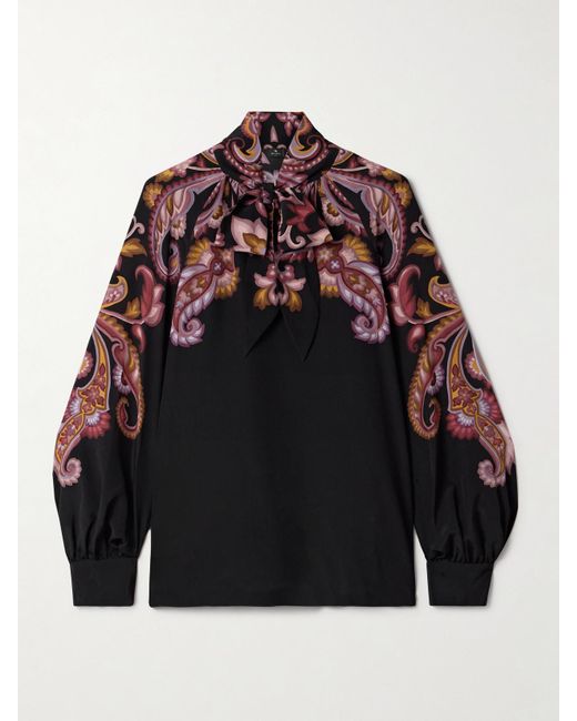 Etro Red Pussy-Bow Paisley-Print Silk Blouse