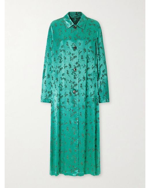 Dries Van Noten Green Floral-Jacquard Satin Coat