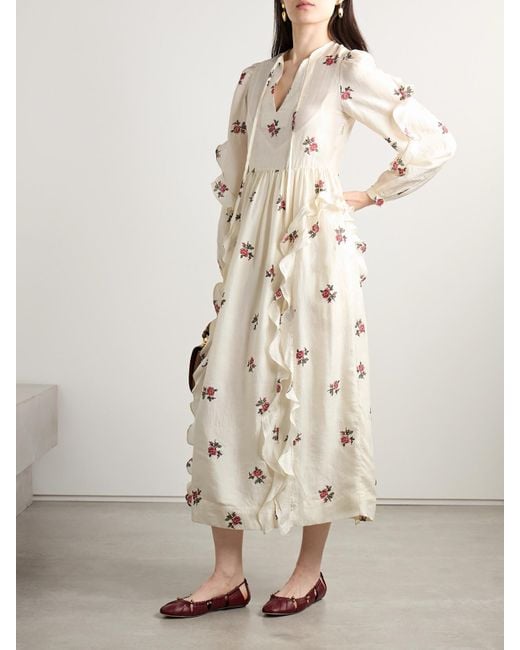 Alix Of Bohemia Natural Lina Ruffled Floral-Print Silk-Voile Midi Dress