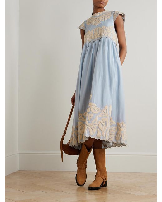 Sea Blue Alexandra Scalloped Embroidered Cotton Midi Dress