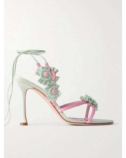 Manolo Blahnik Metallic Palissot 105 Leather-Trimmed Appliquéd Grosgrain And Satin Sandals