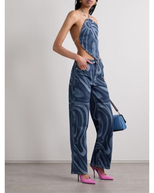 Haut Raccourci Dos Nu En Jean Imprimé Emilio Pucci en coloris Blue