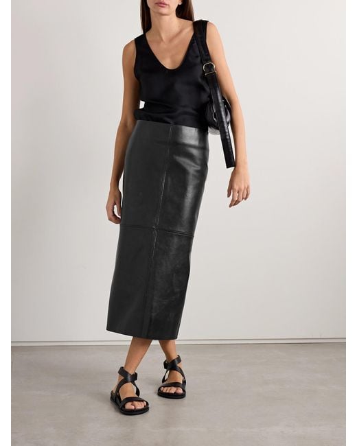 Another Tomorrow Black Paneled Faux Leather Midi Skirt