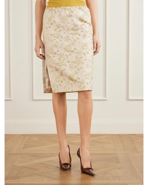 Saint Laurent Natural Floral-Brocade Midi Skirt
