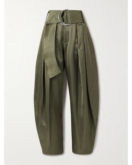 J.W. Anderson Green Belted Pleated Satin Wide-Leg Pants
