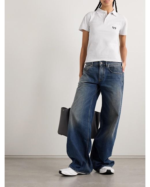 Balenciaga White Distressed Embroidered Cotton-Piqué Polo Shirt