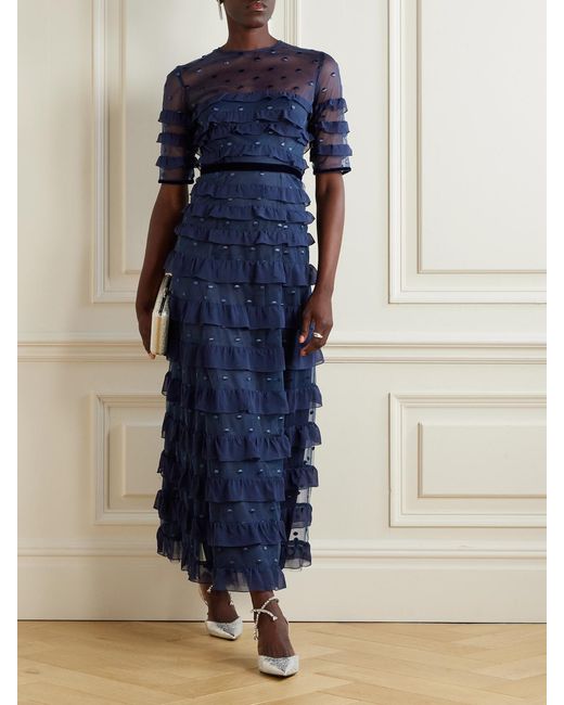 Costarellos Blue Velvet-Trimmed Point D'Esprit And Ruffled Chiffon Midi Dress