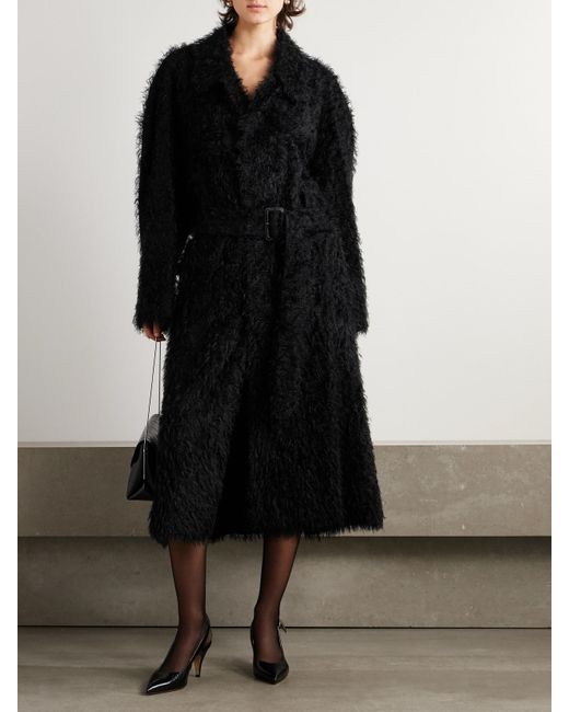 Carven Black Belted Faux-Shearling Coat