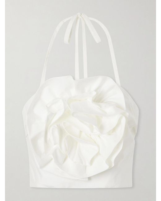 Carolina Herrera White Floral-Appliquéd Cotton-Blend Halterneck Top