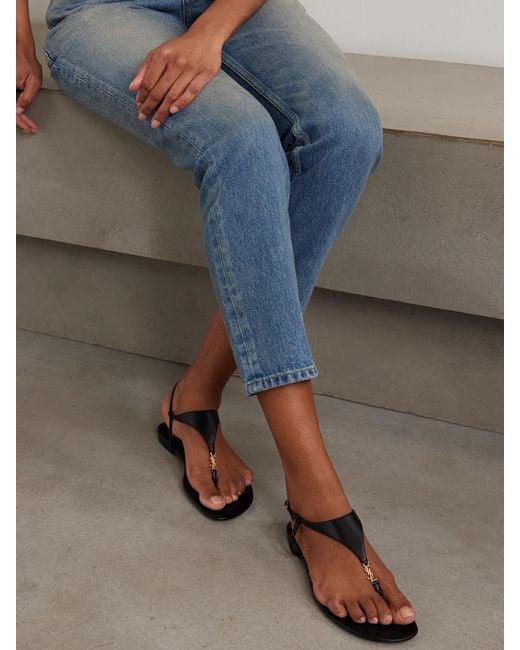 Saint Laurent Black Cassandre Logo-Embellished Leather Slingback Sandals