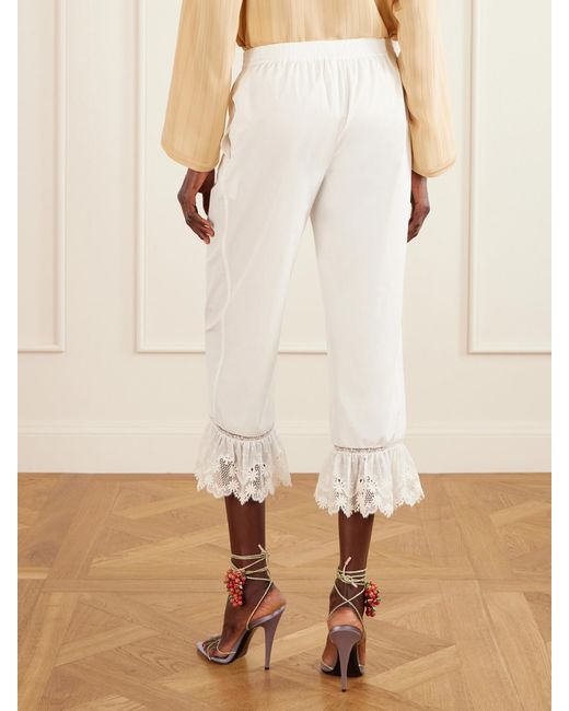 Saint Laurent White Cropped Ruffled Lace-Trimmed Cotton-Poplin Straight-Leg Pants