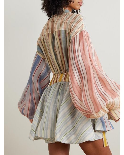 Zimmermann Multicolor Rebellion Patchwork Striped Linen And Silk-Blend Voile Mini Wrap Dress