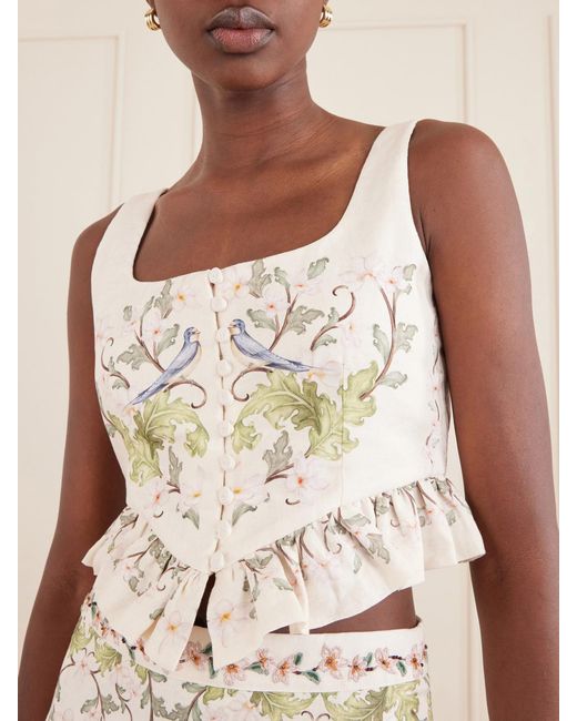 Agua Bendita Natural Eslabon Anhelo Floral-Print Button-Embellished Linen Cropped Top
