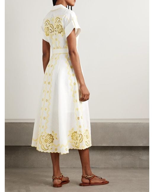 Zimmermann Natural Lucky Midi-Hemdblusenkleid Aus Leinen Mit Lochstickerei Und Gürtel