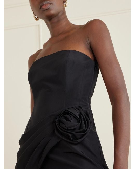 Carolina Herrera Black Strapless Pleated Appliquéd Organza-Trimmed Silk-Faille Gown