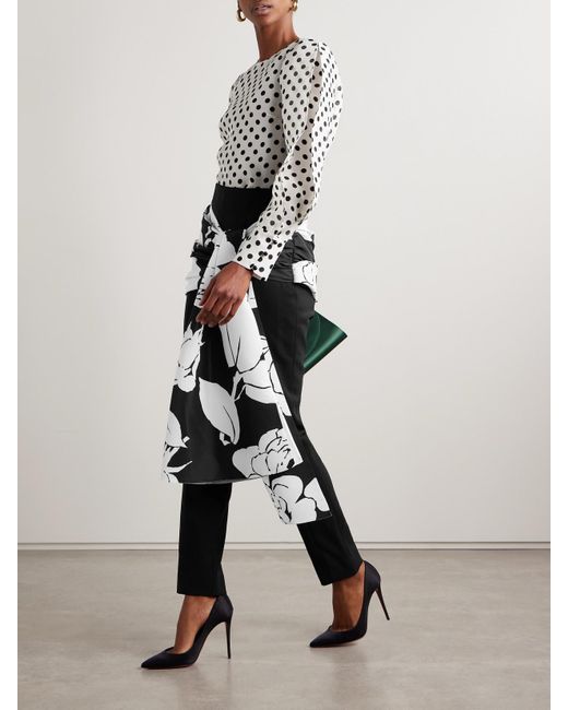 Carolina Herrera White Draped Floral-Print Faille And Crepe Slim-Leg Pants