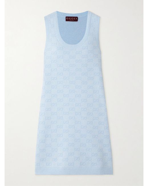 GUCCI★素敵！CADY SKY BLUE w CRYSTAL G LOGO DRESS Gucci Jacquard-Knit Cotton Mini Dress in Blue | Lyst