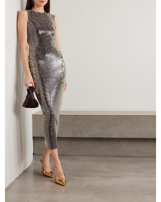 Alex Perry Natural Leopard-Print Sequined Stretch-Mesh Midi Dress