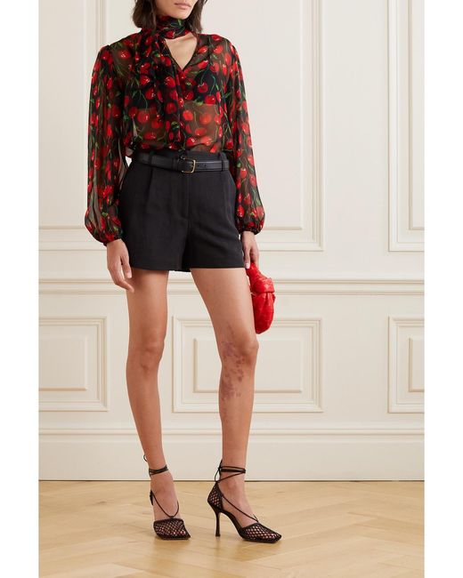 Dolce & Gabbana Red Tie-Neck Printed Silk-Chiffon Blouse