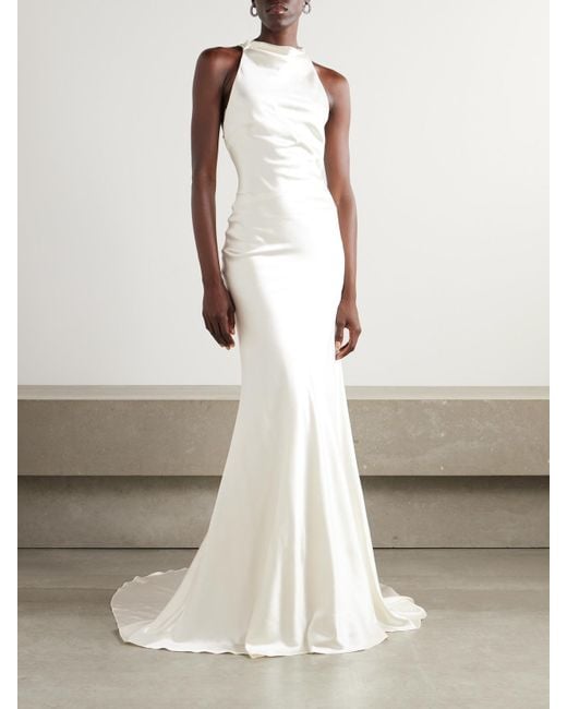 Danielle Frankel White Stella Open-back Silk And Wool-blend Satin Halterneck Gown