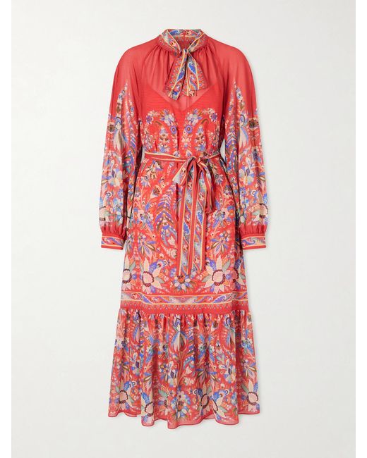 Etro Red Floral-Print Chiffon Midi Dress