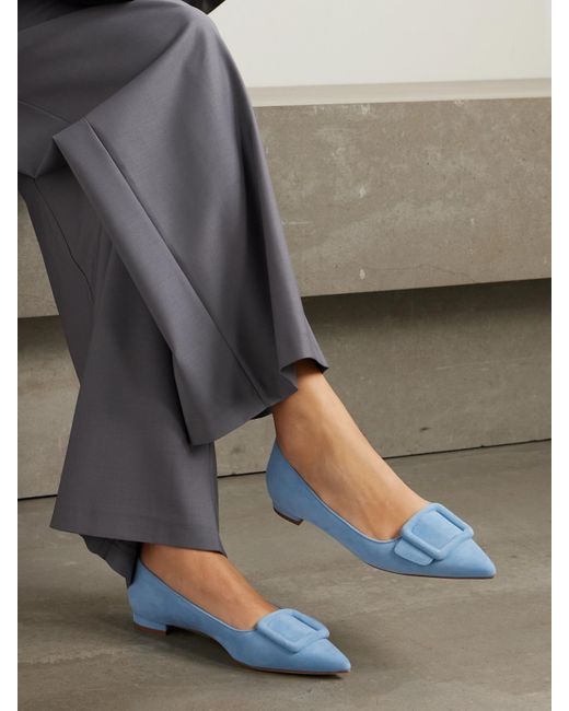 Manolo Blahnik Blue Maysale Buckled Suede Point-Toe Flats