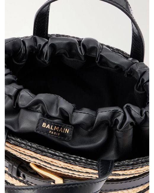Balmain Metallic Shuffle Mini Buckled Leather-Trimmed Raffia Shoulder Bag