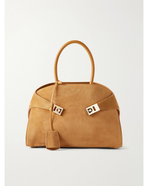 Ferragamo Natural Hug Small Embellished Leather-Trimmed Suede Tote