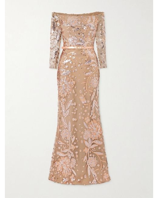 Elie Saab Belted Off-The-Shoulder Sequin-Embellished Silk-Blend Tulle Gown  in Natural | Lyst
