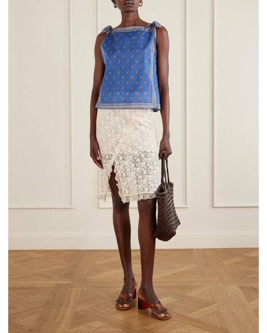 Doen Natural Aurella Ruffled Embroidered Mesh Midi Skirt
