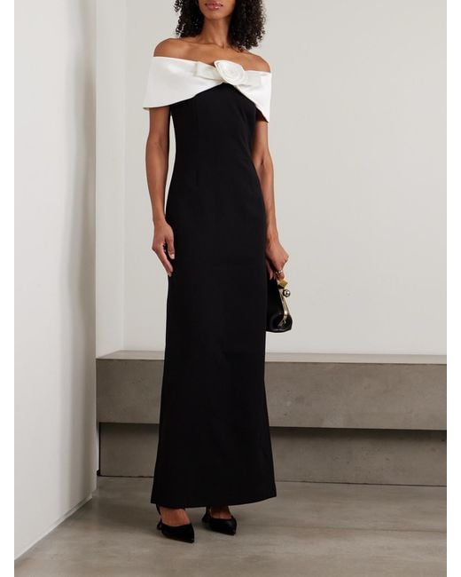 Self-Portrait Black Off-The-Shoulder Open-Back Faille-Trimmed Crepe Maxi Dress