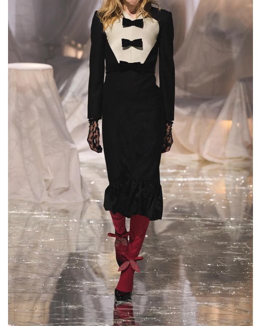 Valentino Garavani Black Belted Bow-Embellished Velvet And Ottoman-Trimmed Wool Midi Dress