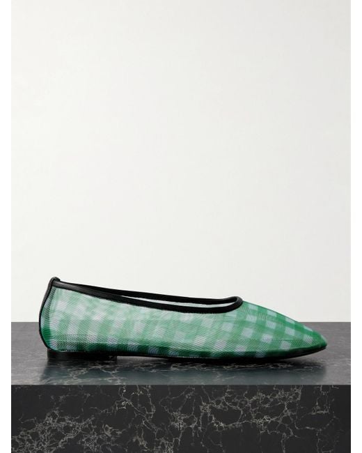 Staud Green Alba Leather-Trimmed Gingham Mesh Ballet Flats