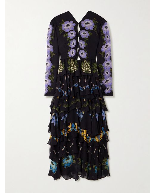 Farm Rio Blue Ruffled Tiered Printed Georgette Maxi Dress