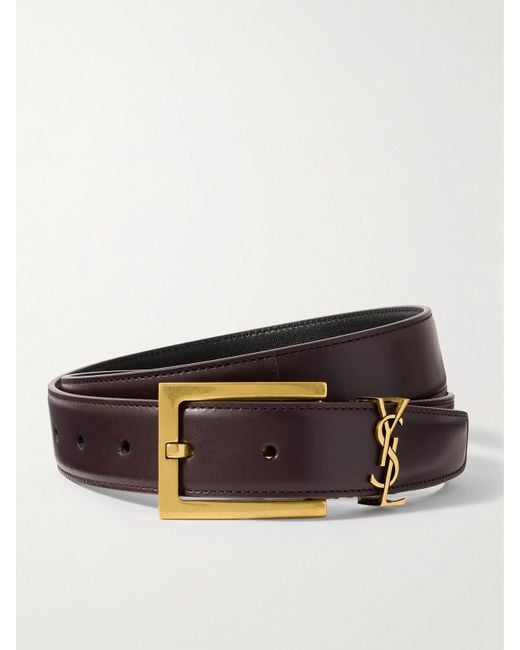 Saint Laurent Brown Cassandre Embellished Leather Belt