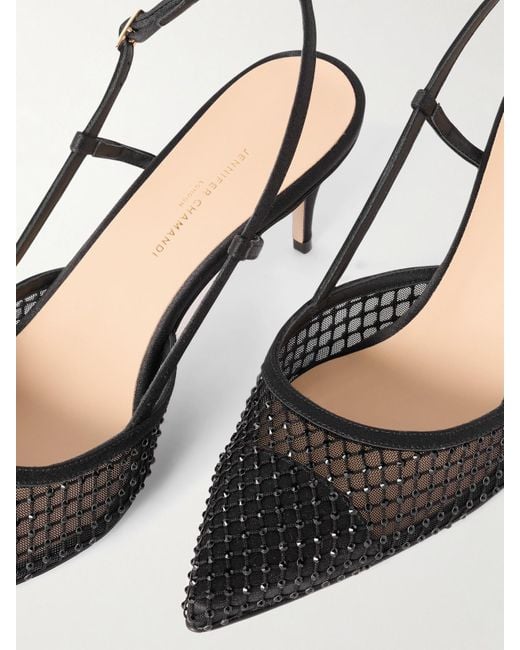 JENNIFER CHAMANDI Black Mario 65 Satin-Trimmed Crystal-Embellished Mesh Slingback Pumps