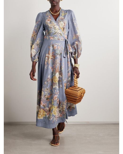 Zimmermann Blue Tallow Floral-Print Cotton-Voile Midi Wrap Dress