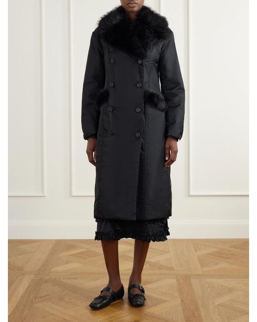 Simone Rocha Black Double-Breasted Plush-Trimmed Shell Coat