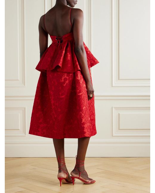 LaDoubleJ Red Satine Floral-Jacquard Matelassé Peplum Midi Dress