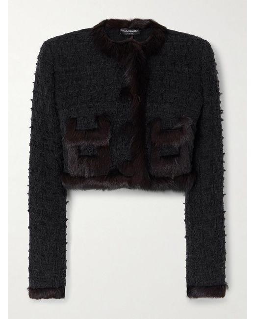 Dolce & Gabbana Black Cropped Shearling-Trimmed Cotton-Blend Tweed Jacket