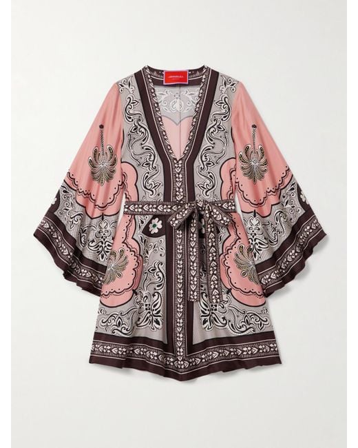 LaDoubleJ Pink Magnifico Minikleid Aus Seiden-Twill Mit Blumenprint Und Bindegürtel