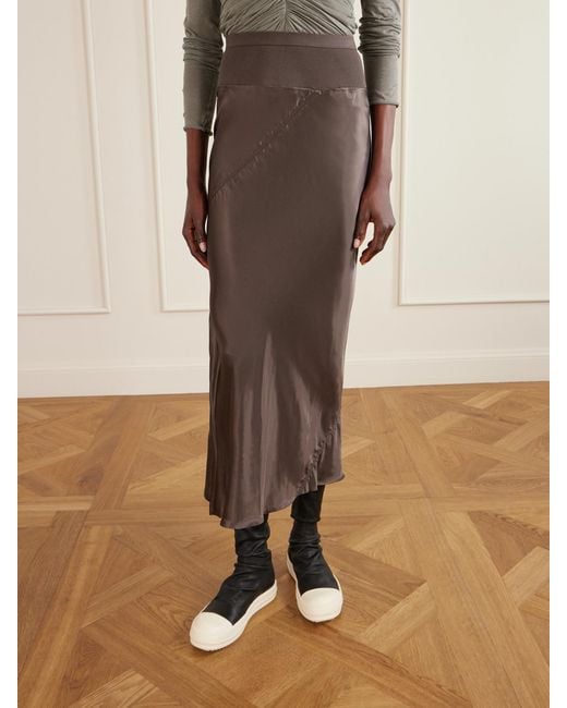 Rick Owens Brown Ribbed Jersey And Recycled-Satin Midi Skirt