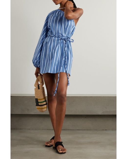 Faithfull The Brand + Net Sustain Calia Belted One-sleeve Striped Organic  Cotton-poplin Mini Dress in Blue