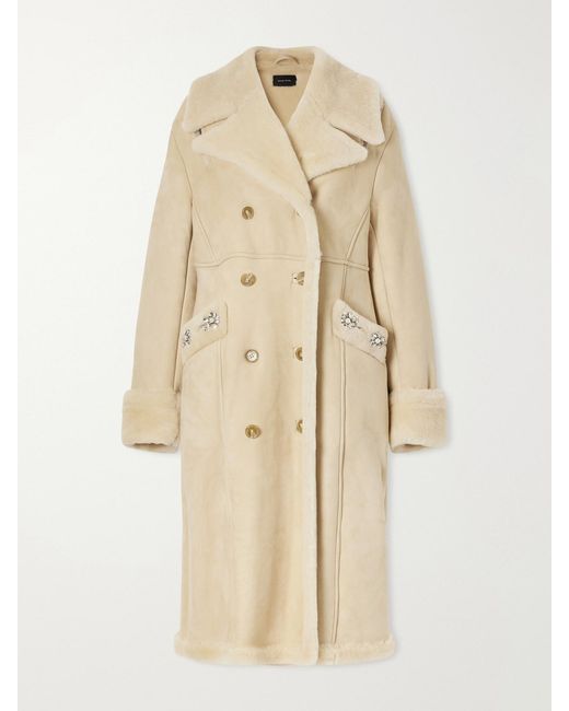 Simone Rocha Natural Embellished Double-Breasted Shearling Coat