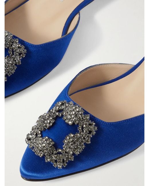 Manolo Blahnik Blue Hangisi Crystal-Embellished Satin Slippers