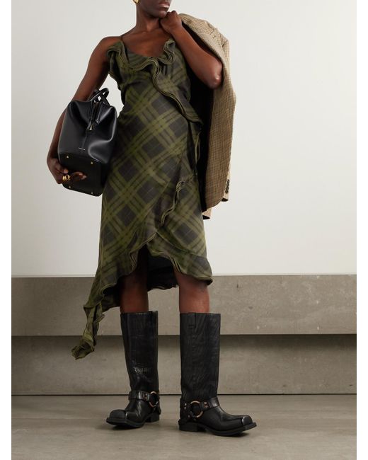 Burberry Green Asymmetric Ruffled Checked Silk-Crepe Dress