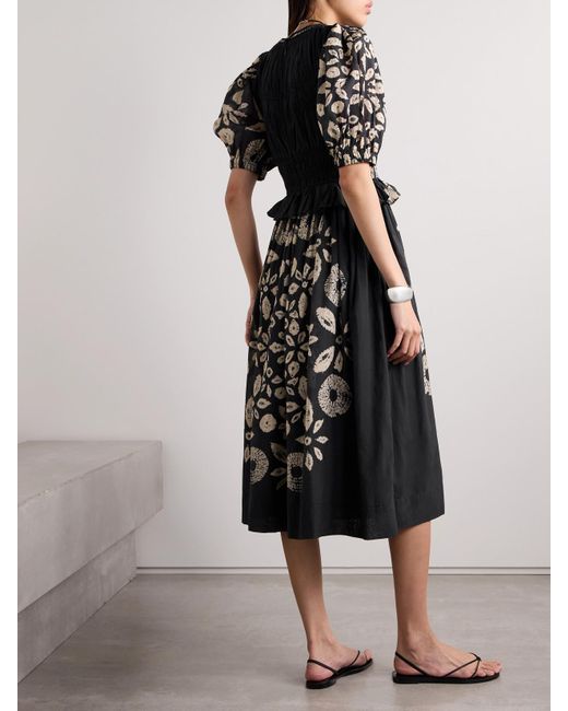 Sea Black Thea Embellished Shirred Tie-Dyed Cotton-Blend Voile Midi Dress