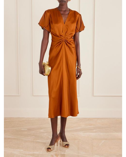 Victoria Beckham Orange Gathered Satin Midi Dress